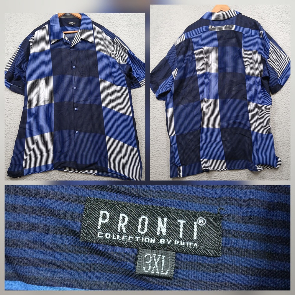 Pronti‎ Collection by Phita Shirt Mens 3XL Blue Plaid Striped Short Sleeve